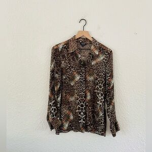 Worth Leopard Plaid Print Long Sleeve Button Up Silk Blouse